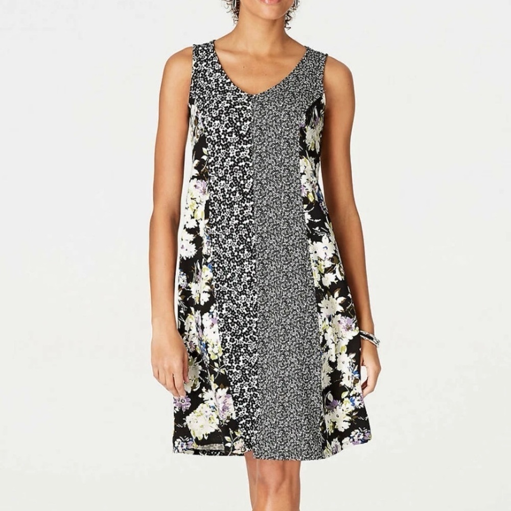 J. Jill Wearever Collection Sleeveless Tank Floral Dress Sz M Black White V-Neck